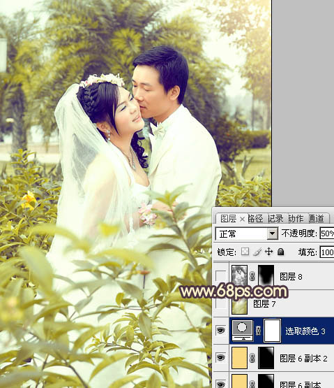 Photoshop为树林婚片调制出柔和的古典黄绿色效果