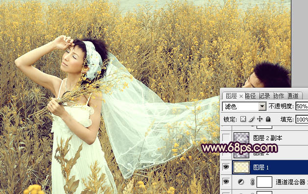 Photoshop为油菜花婚片调制出漂亮的暖意金色效果