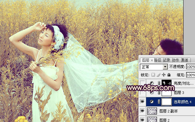 Photoshop为油菜花婚片调制出漂亮的暖意金色效果