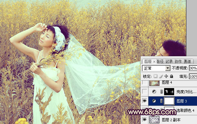 Photoshop为油菜花婚片调制出漂亮的暖意金色效果