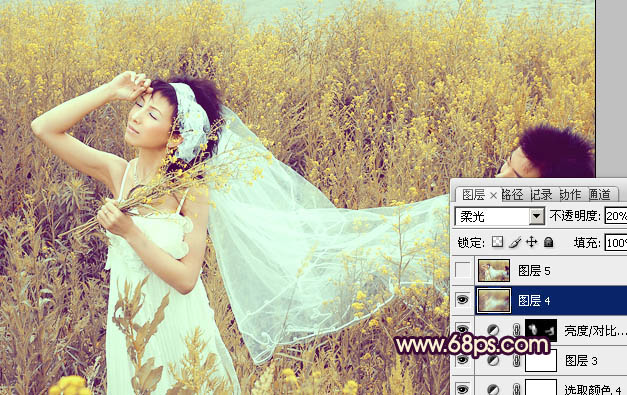 Photoshop为油菜花婚片调制出漂亮的暖意金色效果