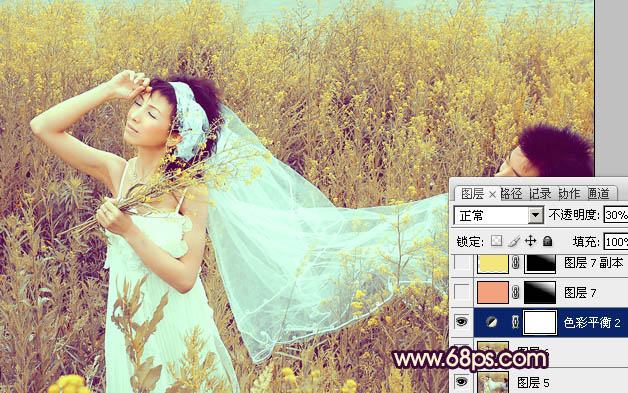 Photoshop为油菜花婚片调制出漂亮的暖意金色效果