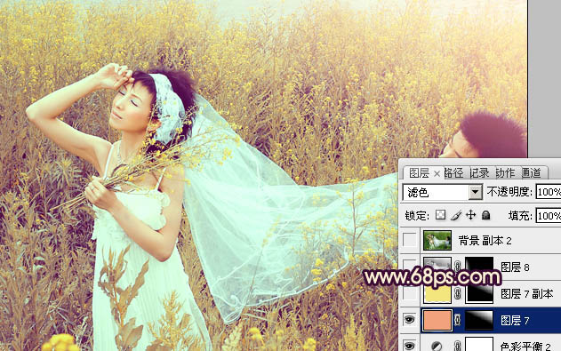 Photoshop为油菜花婚片调制出漂亮的暖意金色效果