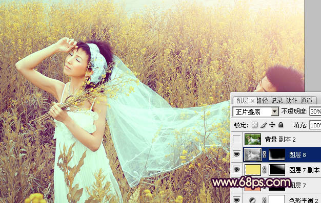 Photoshop为油菜花婚片调制出漂亮的暖意金色效果