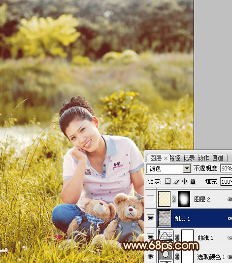 Photoshop将草地人物图片调制出柔美的黄褐色效果