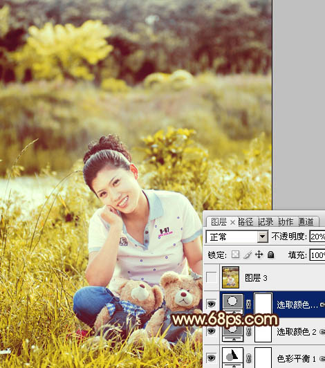 Photoshop将草地人物图片调制出柔美的黄褐色效果
