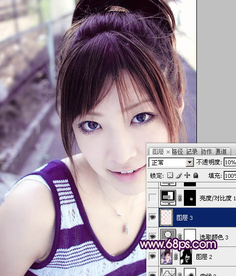 Photoshop将外景美女图片调成可爱的淡紫色