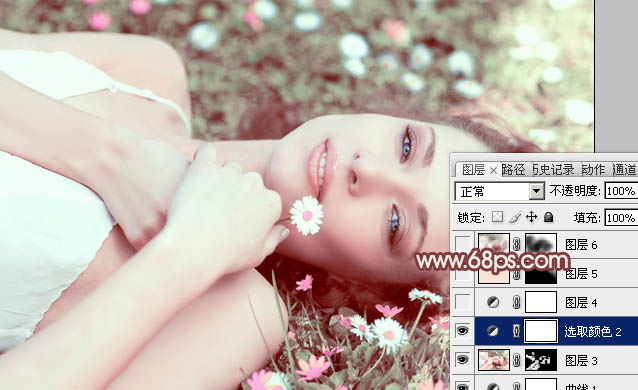 Photoshop将草地美女图片调制出流行的欧美粉褐色效果