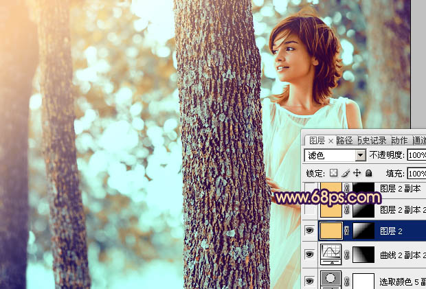 Photoshop为树林人物图片调制出灿烂的青黄阳光色效果