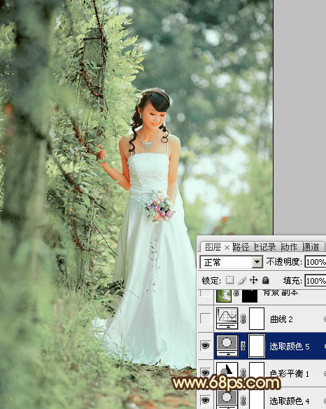 Photoshop将树林美女图片调制出甜美的粉绿色效果