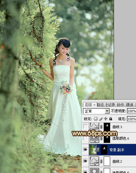 Photoshop将树林美女图片调制出甜美的粉绿色效果