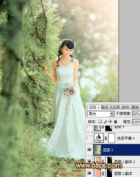Photoshop将树林美女图片调制出甜美的粉绿色效果