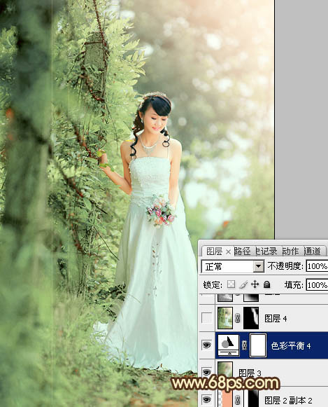 Photoshop将树林美女图片调制出甜美的粉绿色效果