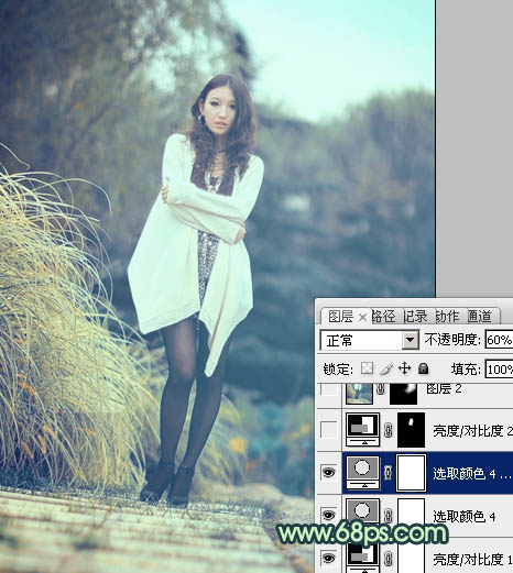 Photoshop给为绿荫中的人物图片调制出韩系淡青色效果