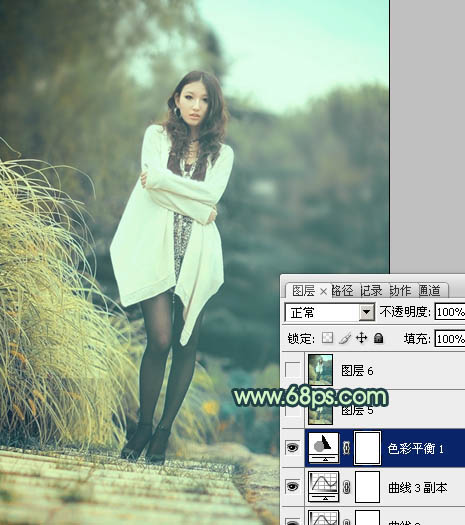 Photoshop给为绿荫中的人物图片调制出韩系淡青色效果