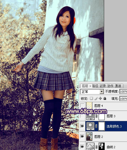Photoshop将外景模特图片调制出淡淡的蓝黄色效果