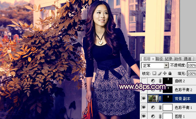 Photoshop将外景人物图片打造出柔美的秋季紫红色效果