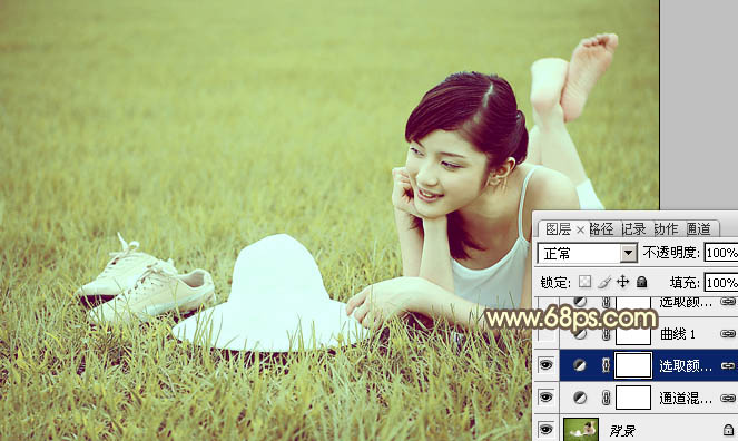 Photoshop为草地美女图片调制出柔和的粉黄色效果