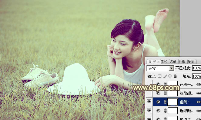 Photoshop为草地美女图片调制出柔和的粉黄色效果