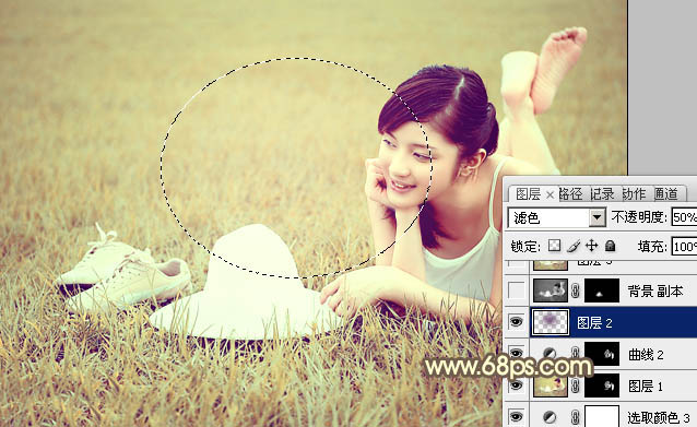 Photoshop为草地美女图片调制出柔和的粉黄色效果
