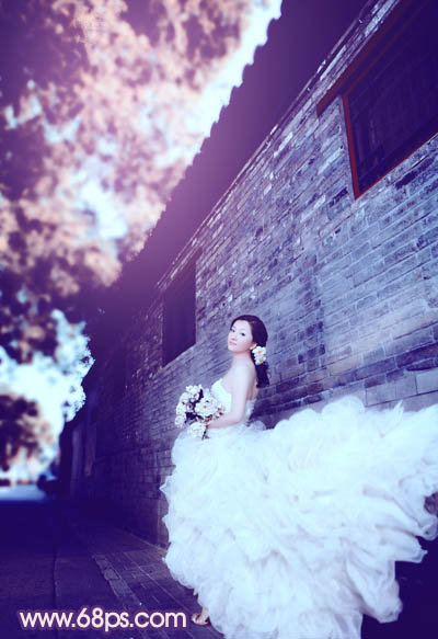 Photoshop将古建筑婚片调制出柔和的橙蓝色效果