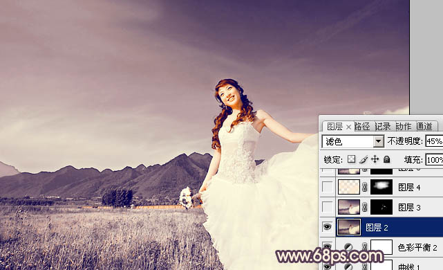 Photoshop将荒原婚片打造出古典紫褐色效果