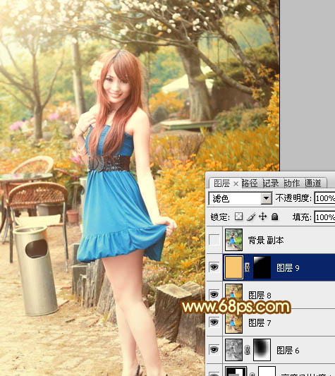 Photoshop将公园美女图片调制出柔美的粉黄色