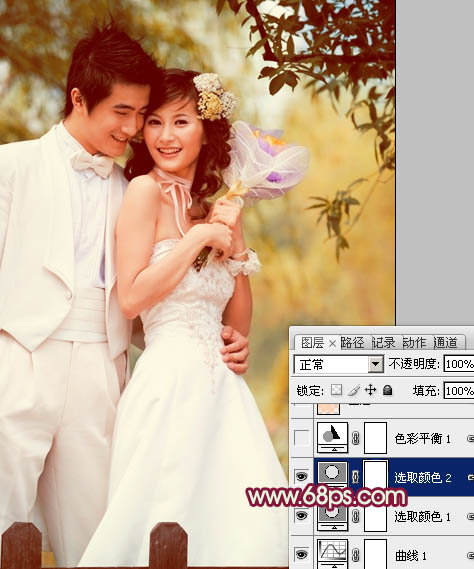 Photoshop将树林婚片调成甜美的粉褐色