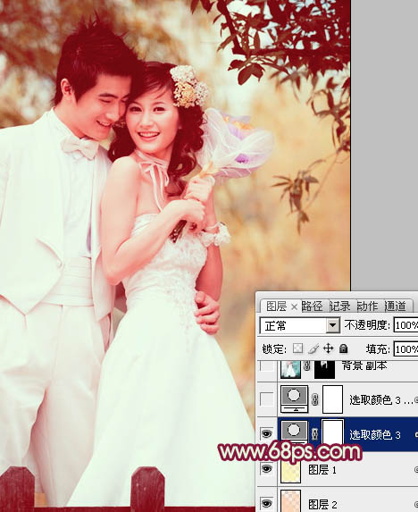 Photoshop将树林婚片调成甜美的粉褐色