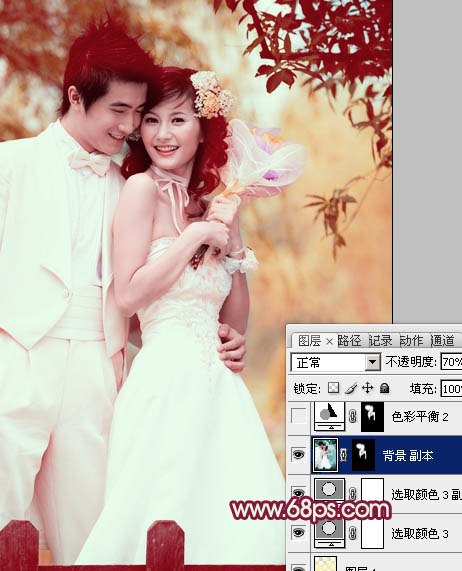 Photoshop将树林婚片调成甜美的粉褐色