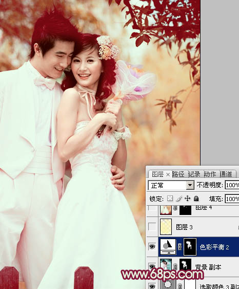 Photoshop将树林婚片调成甜美的粉褐色
