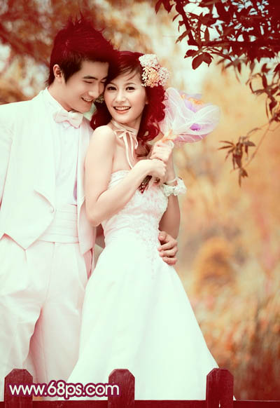 Photoshop将树林婚片调成甜美的粉褐色