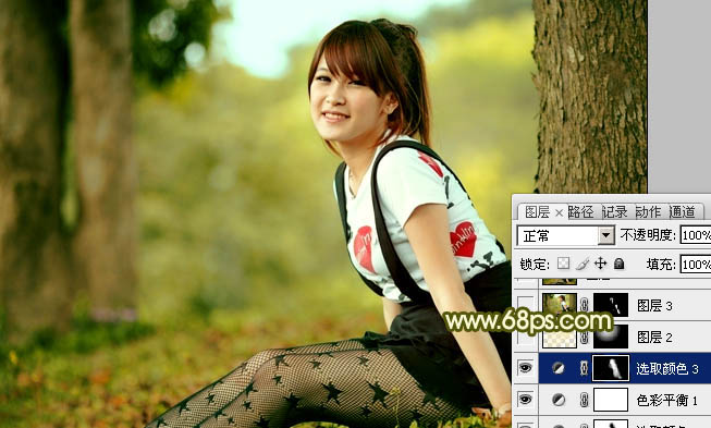 Photoshop为树林美女图片增加甜美的黄绿色