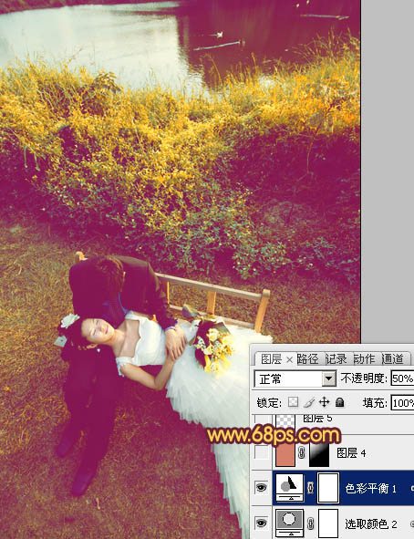 Photoshop为池塘边情侣图片增加上温暖的霞光色效果