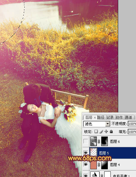 Photoshop为池塘边情侣图片增加上温暖的霞光色效果
