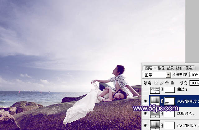 Photoshop制作经典蓝紫色海景婚片