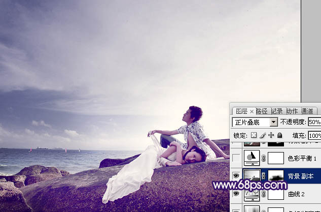 Photoshop制作经典蓝紫色海景婚片