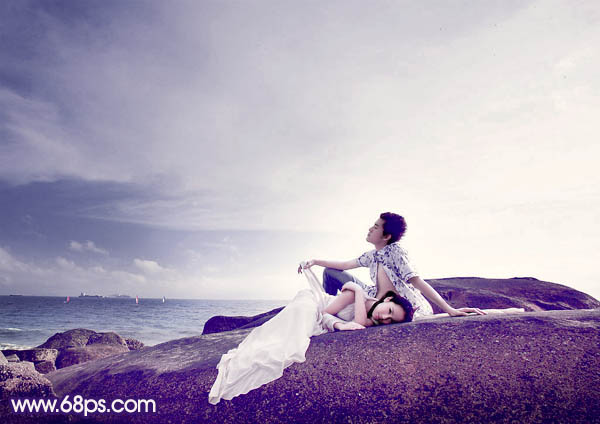 Photoshop制作经典蓝紫色海景婚片