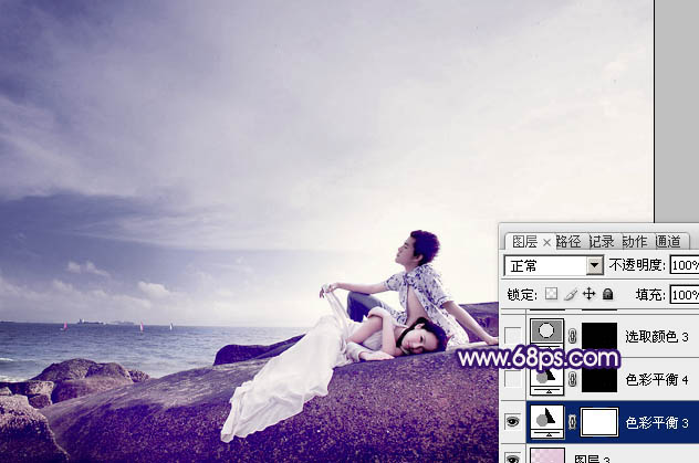 Photoshop制作经典蓝紫色海景婚片