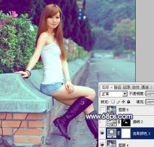 Photoshop将外景美女图片调制出流行的甜美蓝绿色