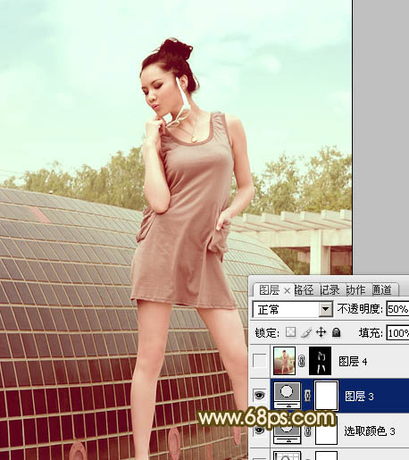 Photoshop为外景美女图片调制出柔和的淡调青红色