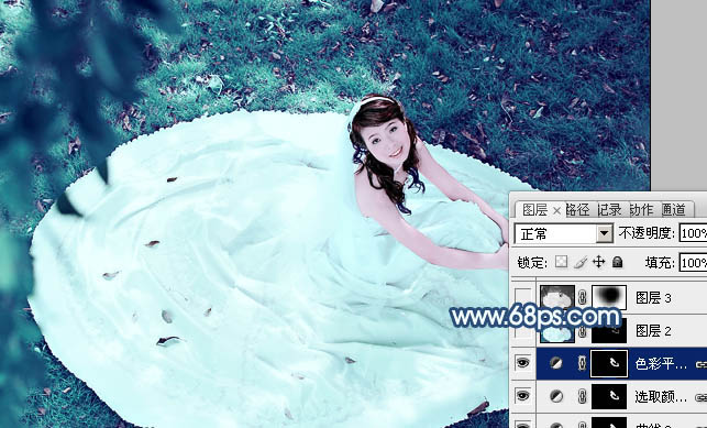 Photoshop将草地婚纱美女调制出流行的青蓝色