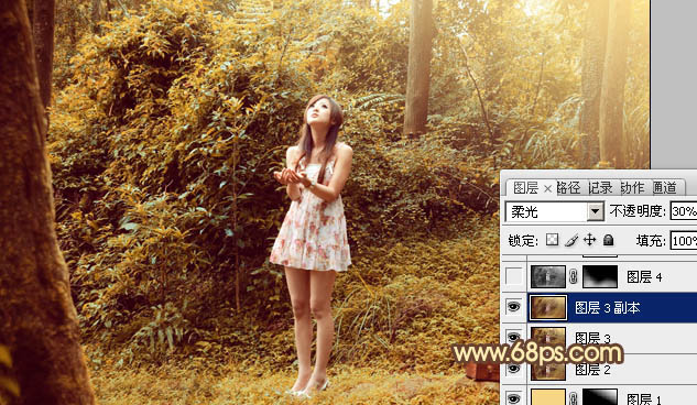 Photoshop将树林美女图片调制出梦幻的橙褐色