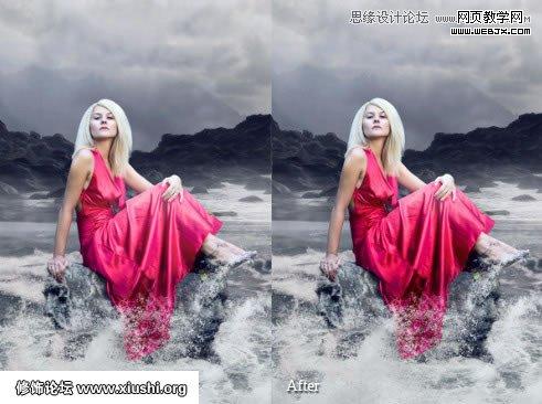 Photoshop合成制作梦幻的海边在坐岩石上的美女图片教程