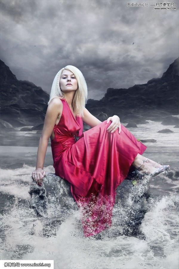 Photoshop合成制作梦幻的海边在坐岩石上的美女图片教程
