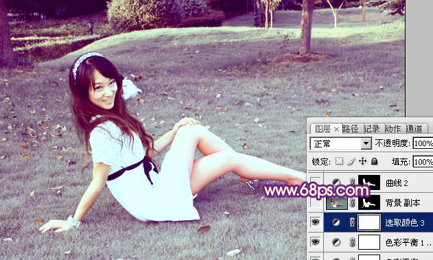 Photoshop将外景草地美女图片调制出淡淡甜美的青紫色