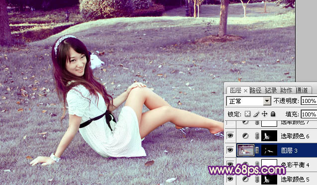 Photoshop将外景草地美女图片调制出淡淡甜美的青紫色
