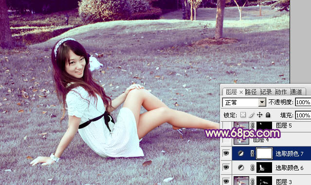 Photoshop将外景草地美女图片调制出淡淡甜美的青紫色