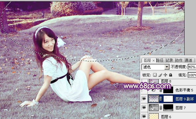 Photoshop将外景草地美女图片调制出淡淡甜美的青紫色