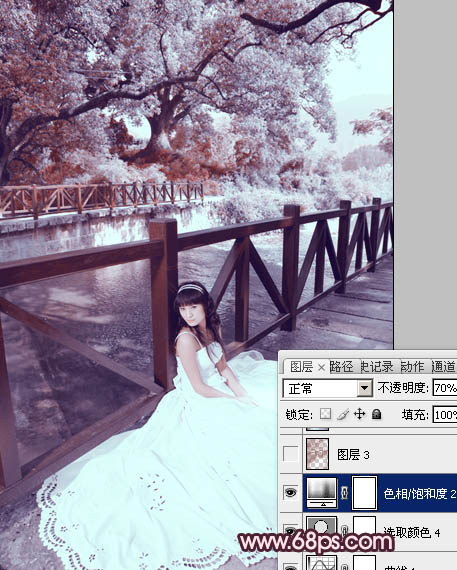 Photoshop将河边美女婚片调成梦幻的紫红色方法